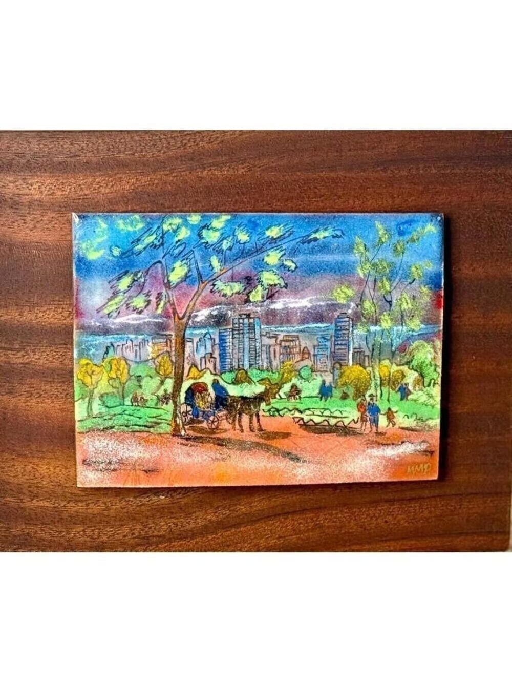Vintage Enamel on Copper Plaque – Winter Cityscape with Horse Carriage – Signed